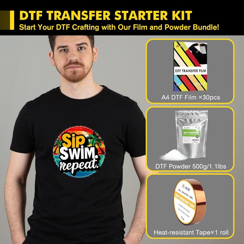 A-SUB DTF Transfer Film and Powder Kit - 30 Sheets A4 DTF Film for Sublimation and DTF Printer, 1.1lb/500g White Medium DTF Powder, DTF Starter Kit for Printing on Any Fabrics - Image 2